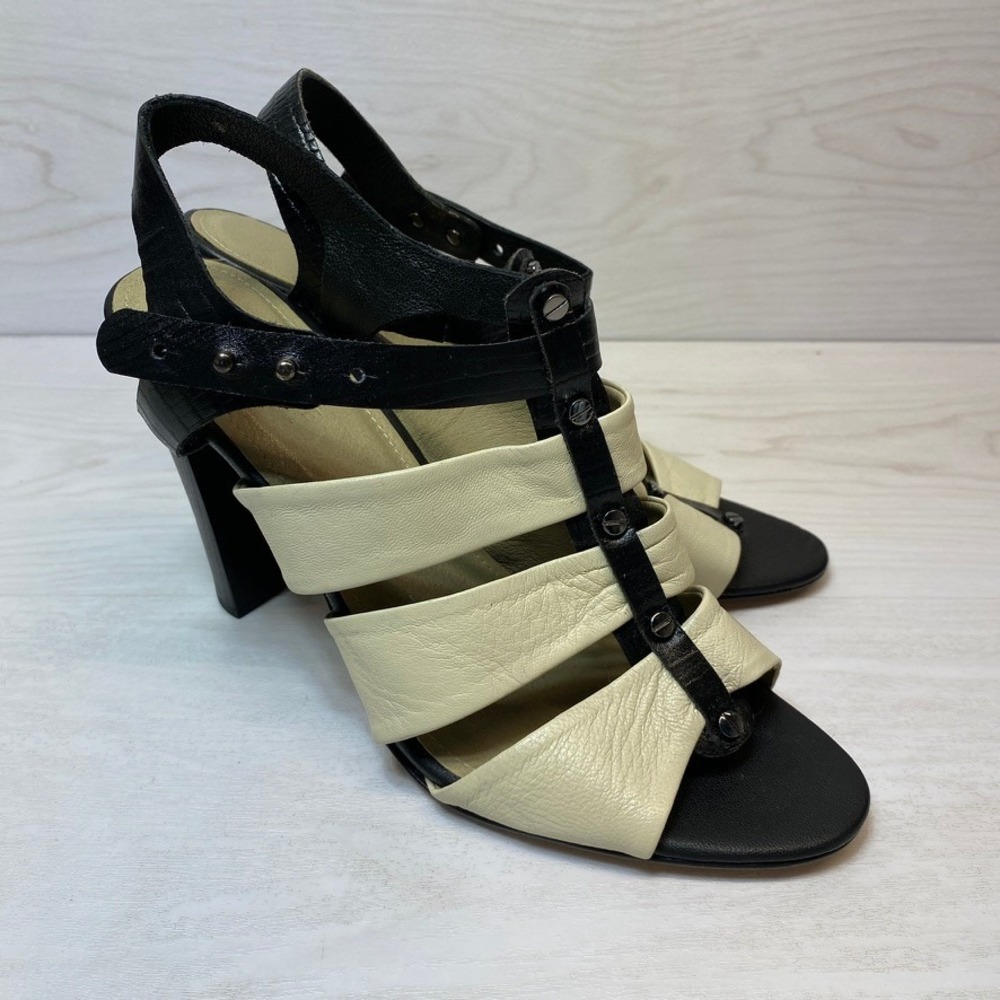 L'AGENCE Womens 8.5 Sandals Strappy Block Heel Cream Black Leather Studded USA